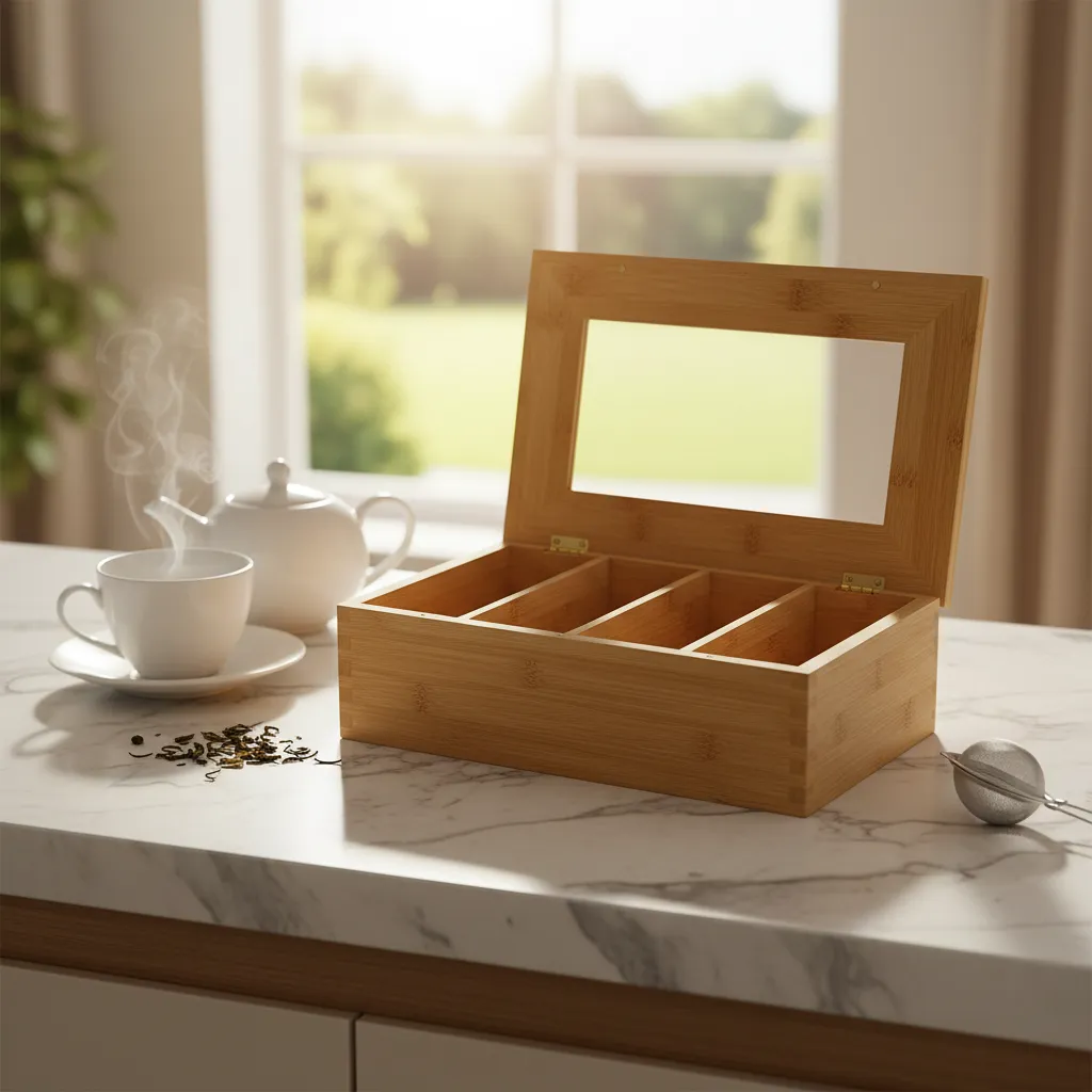 Caja De Té Bambú 4 Compartimientos Visor Tapa Imantada - Imagen 3