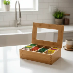 Caja De Té Bambú 4 Compartimientos Visor Tapa Imantada